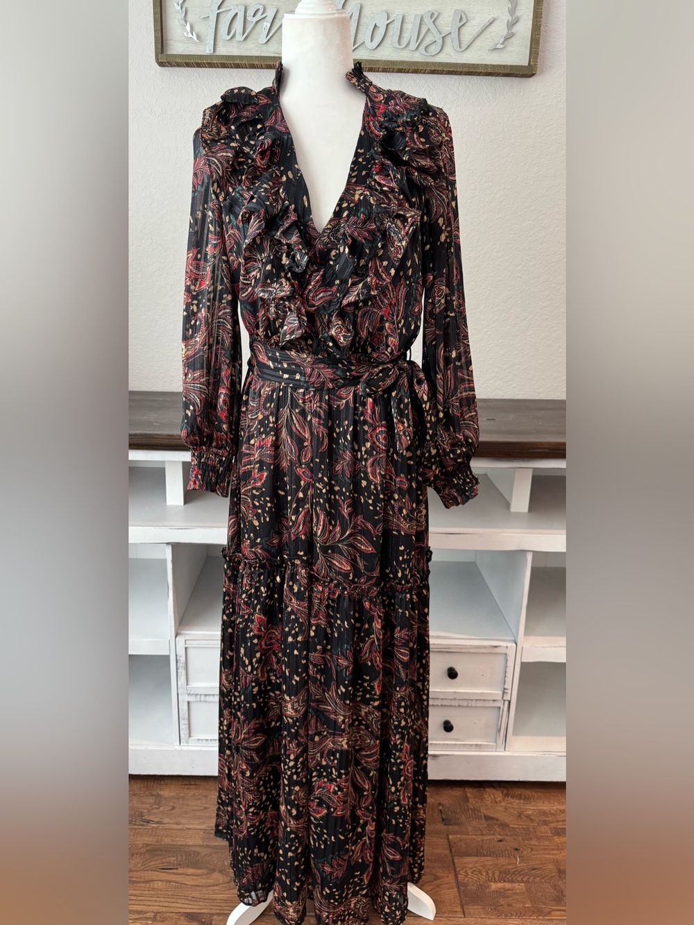 MANGO MNG Paisley Printed Maxi Dress Belted Women's Size 6 8 - Picture 2 of 8